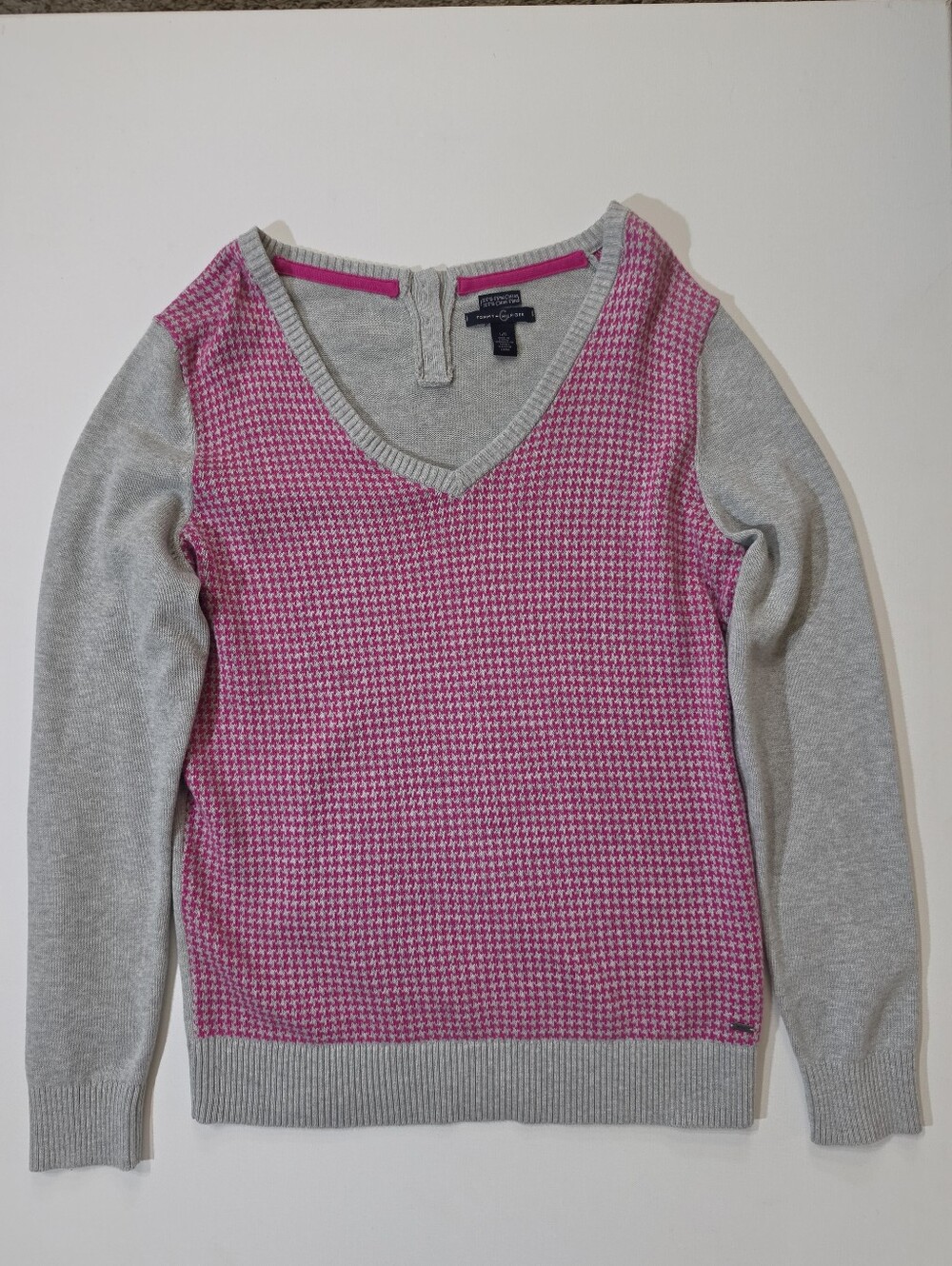 Tommy Hilfiger Pima Cotton Sweater Womens Large Pink White Grey Check Y2K Preppy